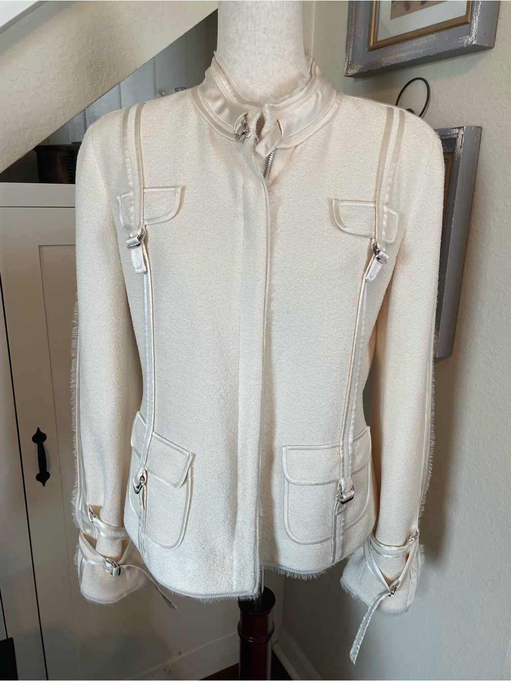 St. John Couture Cream Zip-Front Blazer Jacket